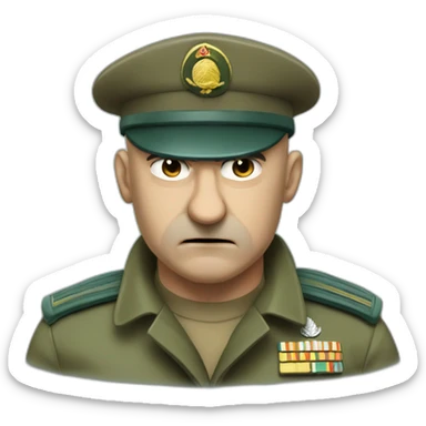 Hight detail cyan beret bald angry 50 years old man no hair furious very angry frown with khaki idf uniform sticker