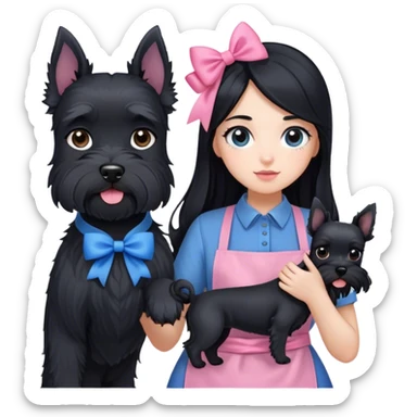 pale girl with LONG BLACK HAIR wearing black long shirt wearing blue apron holding black  schnauzer pink bow sticker
