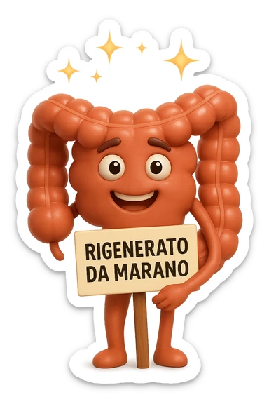 fammi un intestino identico a questo, ma felice e con le scintille di splendore dorate sopra, si sta rinnovando come se fosse in ottima salute, in mano ha un cartello con la scritta "RIGENERATO DA MARANO" sticker