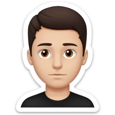 a white boy with dark brown hair, brown eyes, black septum nose piercing, black shirt sticker