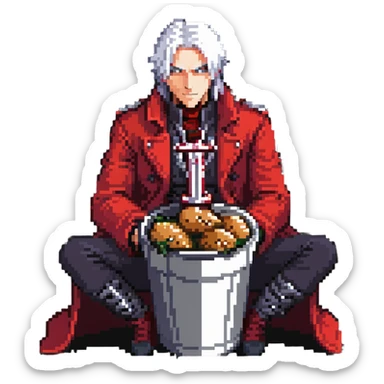 Dante from Devil May Cry sitting in a KFC bucket, red coat, white hair, rebellion sword sticker