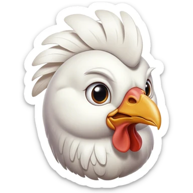 Cinematic Noble White Chicken Portrait Emoji, Poised and regal, with a compact, sturdy build and a pristine, well-groomed pure white plumage, deep-set soulful beady eyes, Simplified yet sharp and sophisticated features, highly detailed, glowing with a soft, dignified glow, high shine, intelligent and alert, stylized with an air of barnyard elegance, focused and attentive, soft glowing outline, capturing the essence of a watchful and confident fowl, so majestic it feels as though it could strut out of the screen with effortless authority! sticker