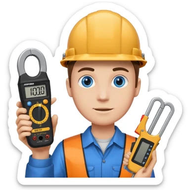 La tercera imagen pero ojos azules, y que lleve en manos una pinza amperimetrica sticker