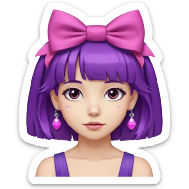 girl with bangs and purple hair and pink hairbow on the side of head and earrings sticker