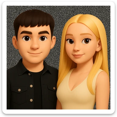 Slightly increase the volume of the upper body of the girl, separate the girl and the boy from each other, make the skin color the same for both characters, while preserving the cartoonish 3D style as in the reference image. sticker