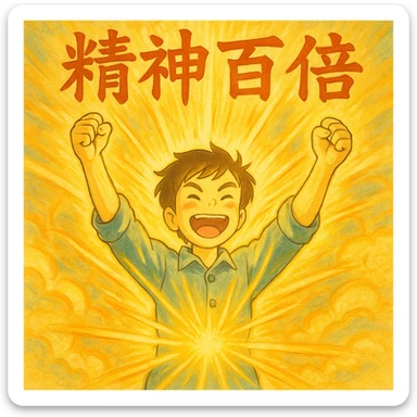 ghibli style illustration of a person radiating light and energy, for '精神百倍' sticker