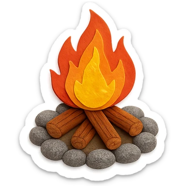very detailed campfire in paper craft style, highly textured flames, realistic wood logs, textured rocks surrounding the fire sticker