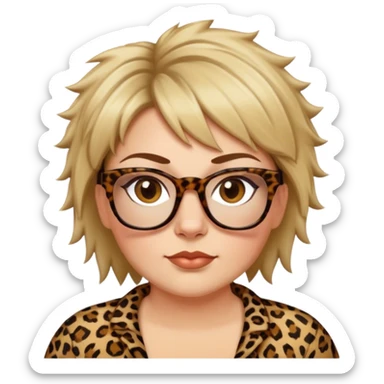  plus size white women dressed in leopard with short medium brown and blonde shaggy spiked hair wearing glasses with hazel color eyes and wide flat nose sticker