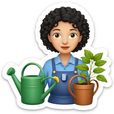 Older female florist – curly hair, hold garden watering pot sticker