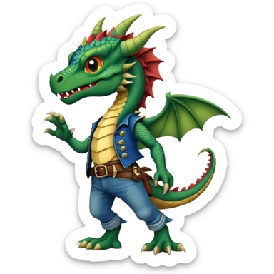 anthropomorphised dragon in a band t-shirt and jeans wearing a pirate eye-patch walking upright sticker