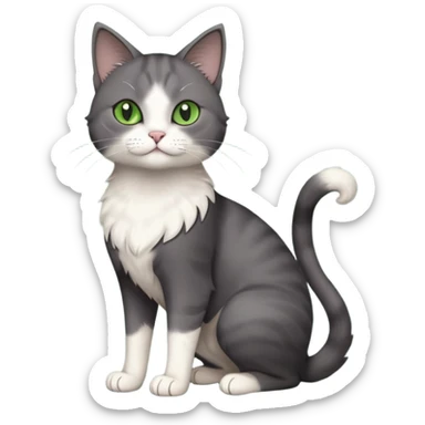 full body view of beautiful female solid dark grey cat with green eyes, white toes/paws and white patch on her chest sticker