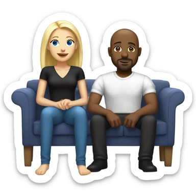Blonde woman with blue eyes and long straight hair and black man who is bald with a goatee seated together on a sofa with their legs touching and clearly in love with each other.   sticker