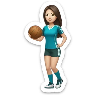 White skin brunette female playing football with very small ball of basket sticker
