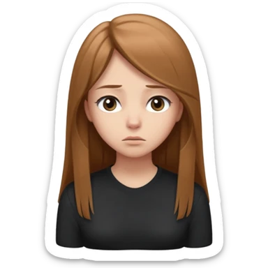 emoji of a girl with long, straight light brown hair, fair skin, soft grey eyes. Wearing a black. Standing slightly apart from a group of people, shoulders slightly hunched, arms loosely at her sides, head tilted down, eyes looking away. Nervous, unsure, miserable, and afraid.  sticker