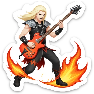 An icon showing a rock musician wielding a guitar in an epic battle, inspired by Brutal Legend. The design features fiery backgrounds, musical notes floating in the air, and electrifying stage lights, capturing the power of music and combat. Transparent background highlights the energy. sticker