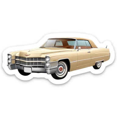 Classic beige 1966 Cadillac DeVille at perfect 30-degree angle, showing detailed front end and sleek side profile, elegant vintage luxury car from Once Upon a Hollywood, iOS emoji style sticker