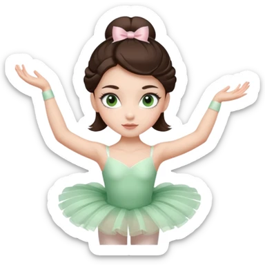 Realistic Ballerina Portrait, with porcelain-like skin featuring a natural rosy flush, illuminated by soft lighting that highlights the gentle contours of her face. Her Brunette hair flows in soft.Her deep green light eyes radiate framed by arched brows and long lashes. sticker