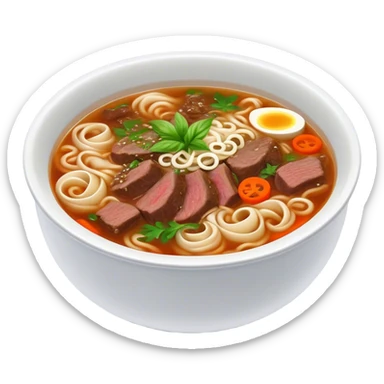 Cinematic Realistic Pho Dish Emoji, depicted as a steaming bowl of aromatic beef noodle soup with herbs rendered with lifelike textures and vibrant, warm lighting. sticker