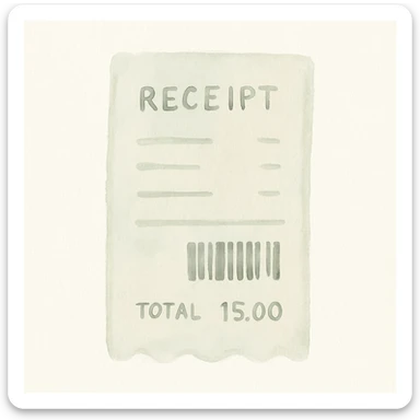 a receipt with a barcode and total, watercolor style sticker