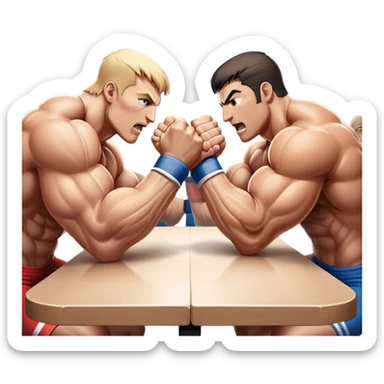 Two strong competitors locked in an intense arm wrestling match, muscles tensed as they battle for victory. The table is well-lit, showcasing their focused expressions and powerful arm grips. The background features a competitive arena with a cheering crowd. Transparent background. sticker