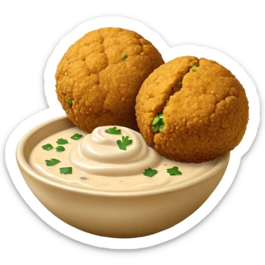 Cinematic Realistic Falafel Dish Emoji, depicted as crispy, golden falafel balls served with tahini sauce rendered with lifelike textures and vibrant, appetizing lighting. sticker