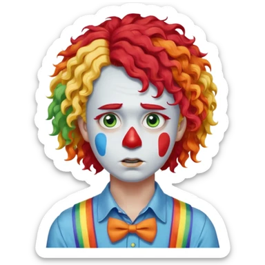 Rainbow-colored curly wig (red, yellow, green, and blue).

White face paint with blue eye makeup and a red nose.

Wearing orange suspenders over a blue shirt.

Sad, frowning expression. sticker