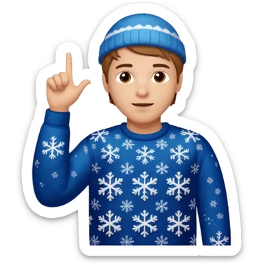 A guy pointing up with one hand and he has a christmas sweater with snowflakes in it. He has brown light hair. sticker
