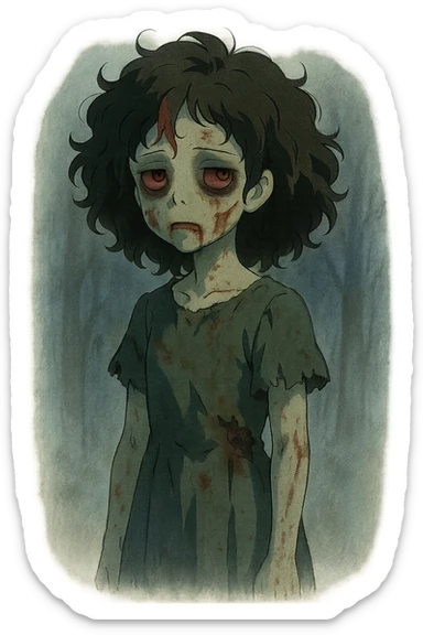 ghibli style of a zombie girl with curly black hair and red streaks, mysterious atmosphere, transparent background sticker