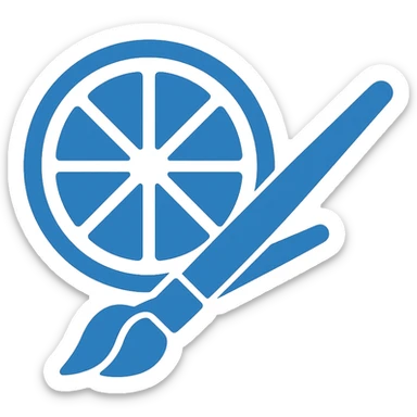 Redesign the green icon with citrus and paintbrushes in a very simple, flat color clip art style. Use minimal shapes, blue as the main color, inspired by the blue folder and app icons provided. No text, transparent background. sticker