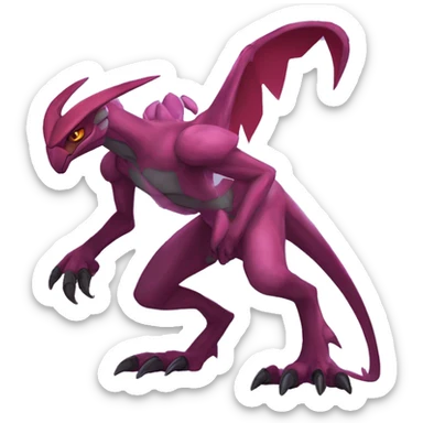 Mauve-maroon-red-violet-colored anthro-genesect-raptor-scalie-sona-Fakémon-hybrid with a mane on head and back full body sticker