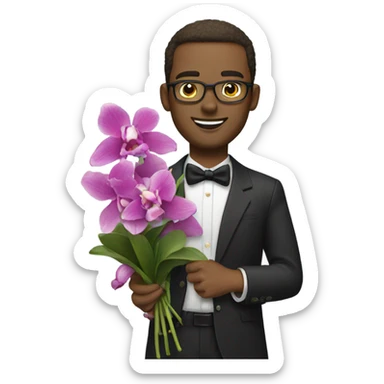 Guy in suite holding a bouquet of orchids  sticker