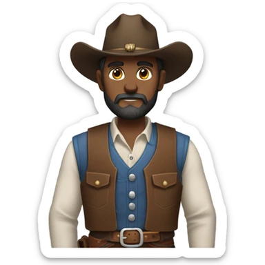 a rugged cowboy with a thick beard, wearing a blue vest over a classic western shirt and a brown belt with a silver buckle. He should have a confident stance, showing full torso sticker
