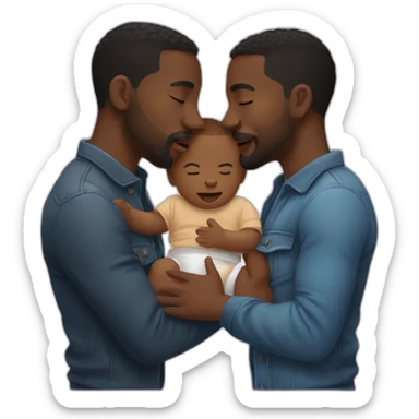 Two black gay men kissing with a baby sticker