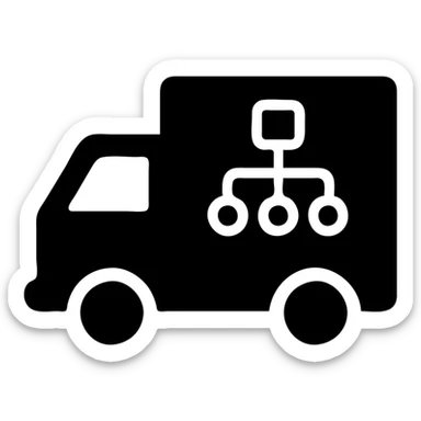 minimalistic icon for Supply Chain Experience with a stylized delivery truck, solid black filled, very simple and clear sticker