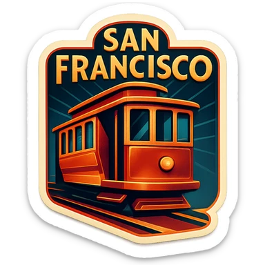 San Francisco logo in retro art deco style, incorporating a cable car, streamlined forms, and classic 1920s color scheme sticker