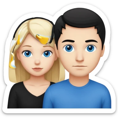 Pretty blonde girl with blue eyes bent over and guy with black hair standing behind her sticker