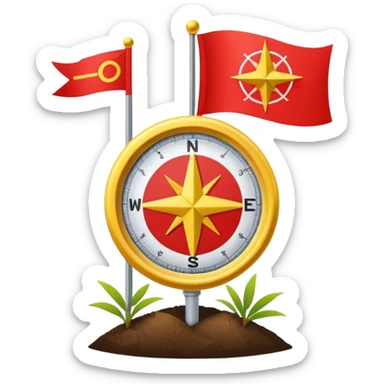 A minimal emoji of a compass pointing toward a planted flag. Flat design, confident colors, modern emoji style. Represents choosing direction and seeing it through to completion. Avoid corporate or motivational poster aesthetics. sticker