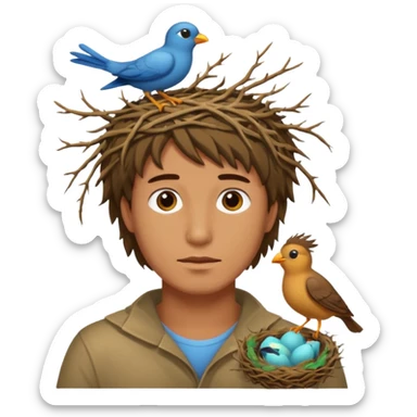 Man who has a birds nest on top of his head for hair sticker