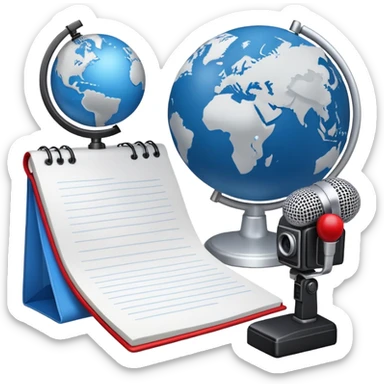 An icon showing a microphone, a notepad, and a camera, symbolizing journalism. The design includes a globe in the background, representing global news, and a breaking news banner for emphasis. Transparent background highlights the dynamic world of media and reporting. sticker