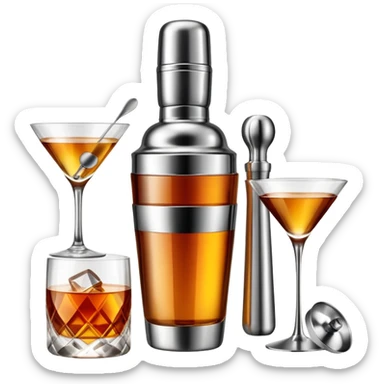 bar items set including cocktail shaker, wine glasses, whiskey bottle sticker