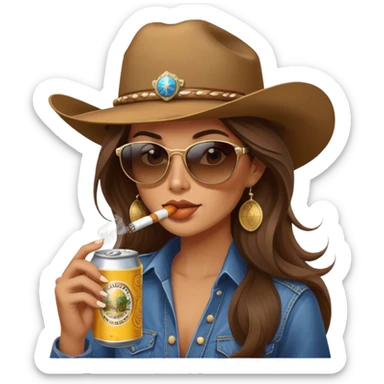 Country woman in cowboy hat with long brown hair with sunglasses on, a cigarette in her mouth and a beer can in her hand  sticker