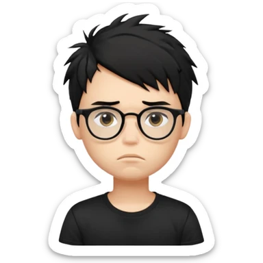 generate a pretty bratz fair skinned boy with black messy hair wearing a black tshirt looking bored n tired. Glasses on sticker