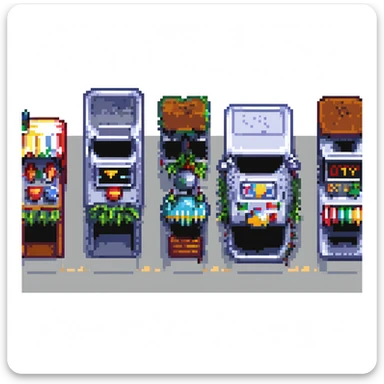 Wide pixel art background of a dark Gotham City street. Empty road with sidewalk, flickering lamppost casting light, trash bins nearby, distant shadowy silhouettes. Tall buildings in the background, moody atmosphere, subtle rain or fog. sticker