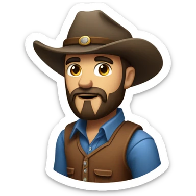 a rugged cowboy with a thick beard, wearing a blue vest over a classic western shirt. He should have a confident stance, showing full torso sticker