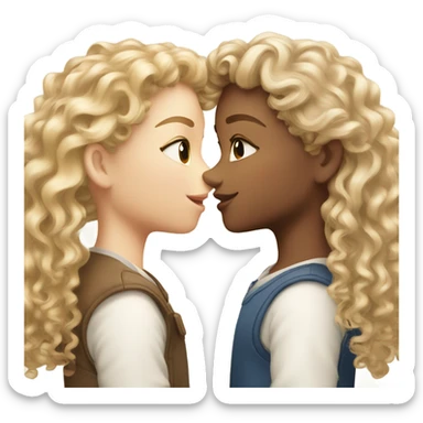Two girls kissing one curly light blonde hair very curly the other dark blonde hair and sticker