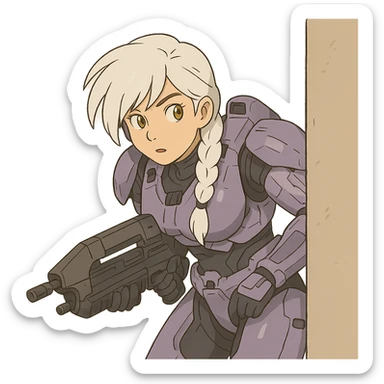 female, wearing reach spartan armor default, long white braid hair with massive messy front side single bangs, gold yellow eyes, attention pose, HALO:series, no helmet, the armor is lavender color scheme, shoulder pad off. DDD bust size fitting. Punk gothic cyberpunk, peeking around a corner wall brandishing a classic halo1 AR sticker