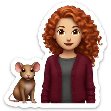 red-haired girl with long hair and curls styling in a burgundy sweater and a rat on her shoulder sticker