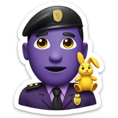Purple man with black eyes and a smile  a purple security guard outfit with a dark tie and a yellow rabbit pin on his shirt sticker