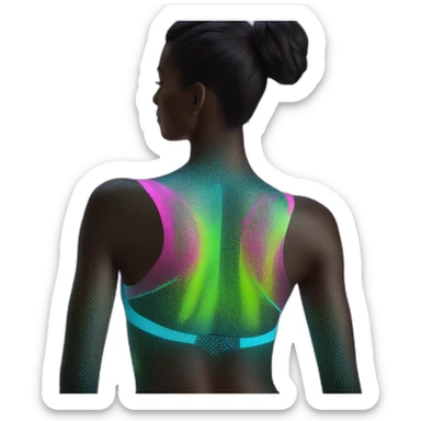 Hyper-realistic neon sculpture showing tall sultry fitness model in mesh body paint from behind sticker