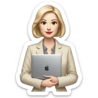pale skin woman with ash blonde Straightened bob Hair, White Spacious classical jacket, beige palazzo Arrow pants and gray blouse holding a MacBook in the hands sticker